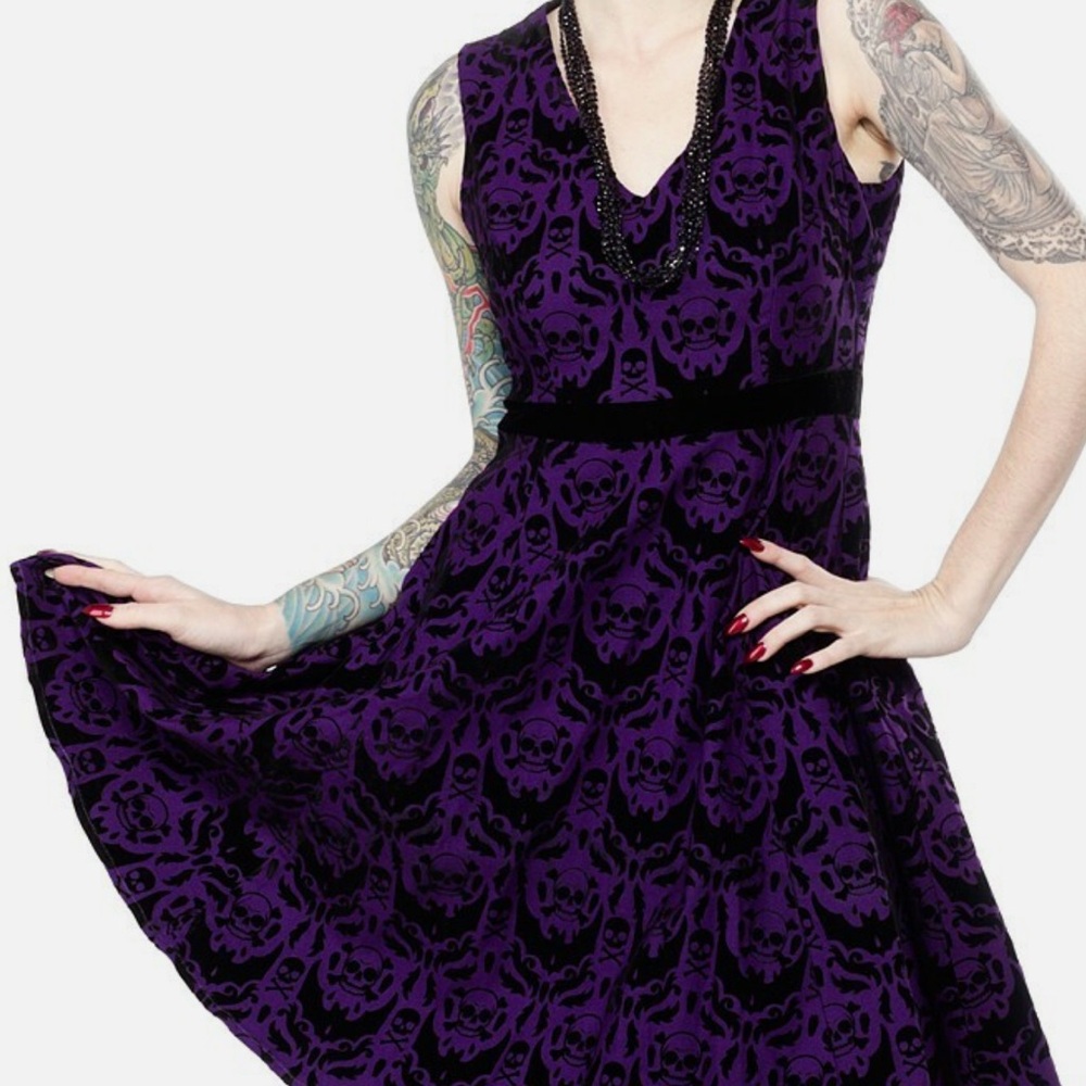 Sourpuss Purple Skull damask Midi Dress